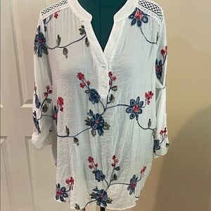 Embroidered Floral Blouse Plus Size White Blue Red